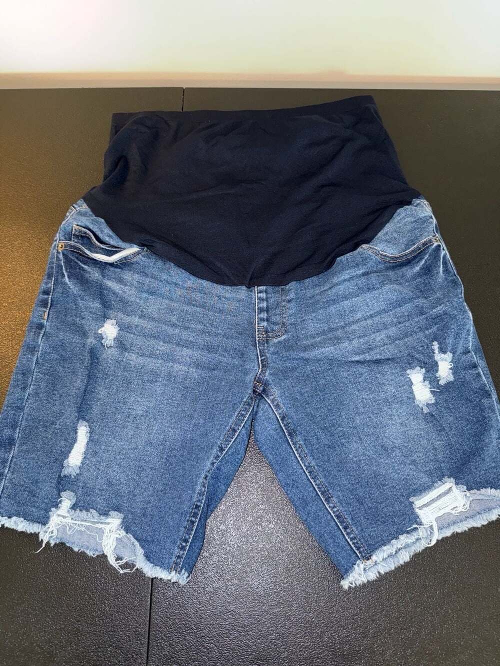 Isabel Maternity Over Belly Denim Shorts Distressed